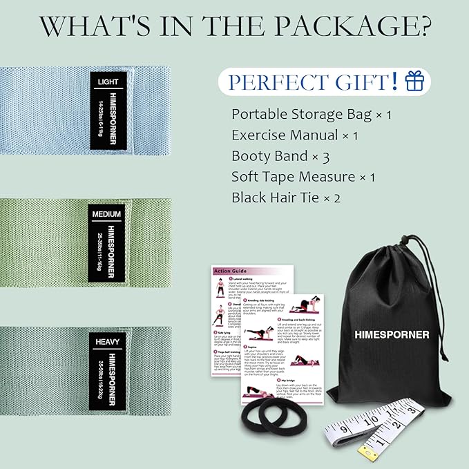 Wide Fabric Resistance Bands for Working Out, 3 Level Non-Slip Exercise Booty Bands for Women & Men Leg and Glutes with Hair Ties and Tape Measure - for Home Gym Workout, Yoga, Pilates