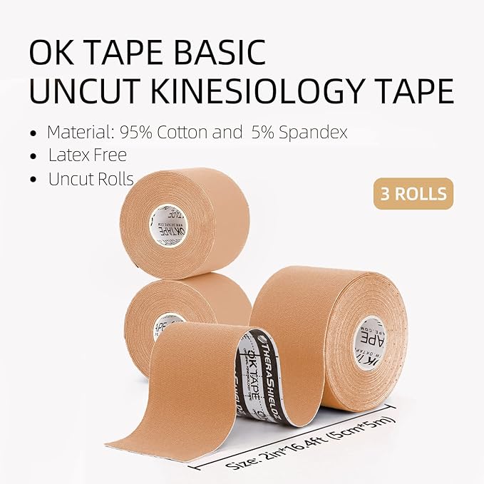 OK TAPE Regular Kinesiology Tape (3 Pack), Original Cotton Athletic Tape for Support Muscle Joint Knee, Sports Waterproof Tape Uncut Strips Latex Free, Hypoallergenic, 2in×16.4ft - Beige