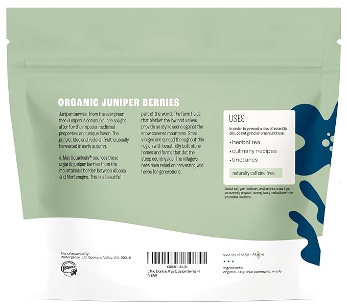J MAC BOTANICALS, Organic Whole Juniper Berries, Certified Organic, juniper for herbal infusions, cooking and seasoning beef, pork, turkey brine, soups, syrups, cocktail bombs (4 oz)
