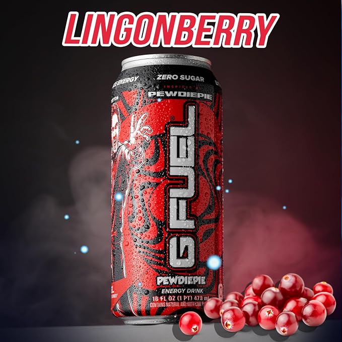 G Fuel Energy Drink, Lingonberry, Sugar Free Beverage with 300mg Caffeine, Daily Energy Boost with Focus Amino, Vitamin + Antioxidants, 16 oz Cans (PewDiePie, 12-Pack)