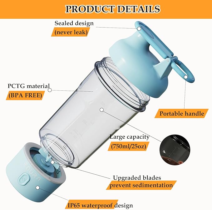 JOTER & LIBEAR Electric Shaker Bottle, Portable USB Rechargeable Protein Shake Mixer, Shaker Bottles for Protein Mixes and Meal Replacement Shakes, BPA Free, Waterproof, 25 oz (Blue)