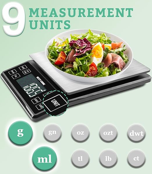 NEXT-SHINE Food Kitchen Scale 11lb 0.1g/0.01oz Precise Graduation, 9 Units Rechargeable Digital Scale Stainless Steel Platform LCD Display
