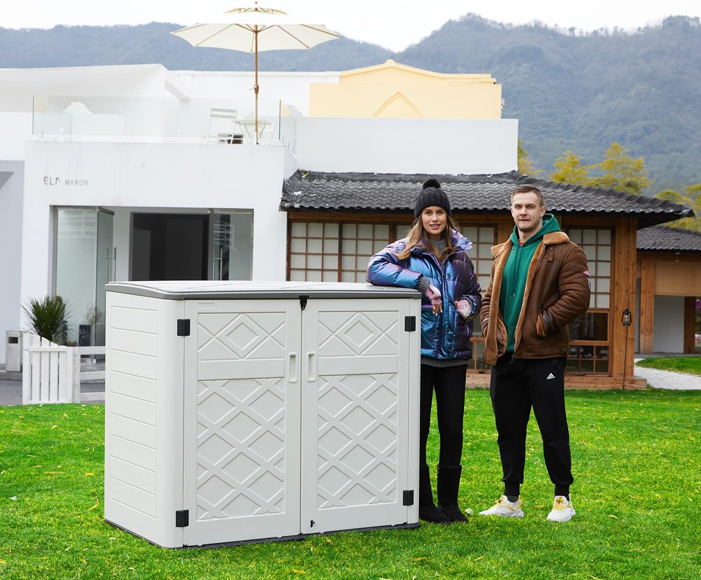 ADDOK 2SG Larger Horizontal Storage Shed Wood-Like, 4.4 x 2.8 ft Outdoor Storage Cabinet Lockable, Thick Resin Storage Unit for Trash Cans, Yard Tools(38 Cu.ft