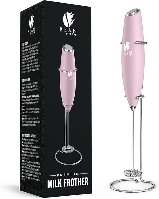 Bean Envy Milk Frother Handheld for Coffee - Electric Hand Blender, Mini Drink Mixer Whisk & Coffee Foamer Wand with Stand for Lattes, Cappuccino, Matcha and Hot Chocolate - Kitchen Gifts - Pink