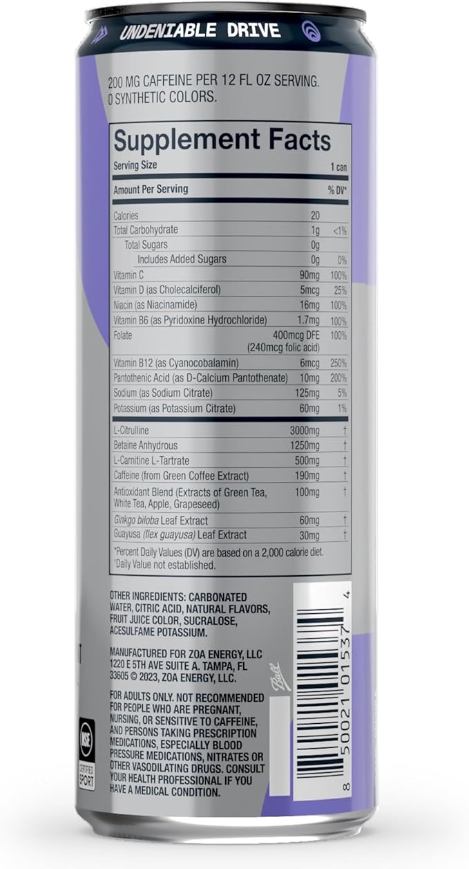 ZOA+ Pre-Workout Energy Drink Supplement - NSF Certified for Sport with Zero Sugar, Nitric Oxide Support, B & D Vitamins, Amino Acids, and Electrolytes (BlackBerry Acai)