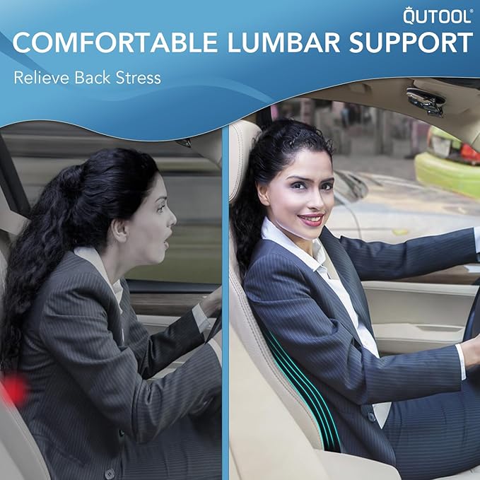 QUTOOL Lumbar Support Pillow for Car/Office Chair, Memory Foam Back Cushion for Car Seat, Back Pain Relief Adjustable Strap and Washable Cover, Lower Back Pillow Fits Most Cars, Trucks (Black)