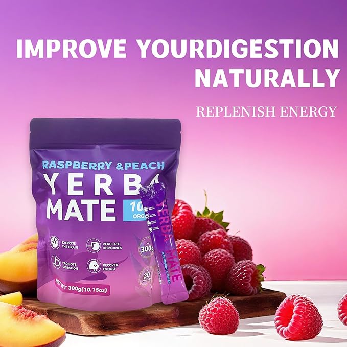 Yerba Mate Instant Tea Powder - Raspberry Peach Flavor - Gut Health & Clean Energy Super Drink with Nootropics, Prebiotics & Probiotics - Energy Boost & Focus - 30 Sticks (300g)