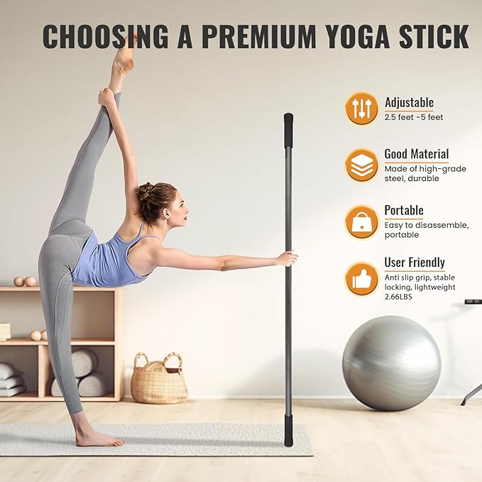 Yoga Stick 5ft Mobility Stick, Sturdy Steel Exercise Bar Adjustable Stretching Stick for Mobility, Training, Flexibility and Balance, Versatile Stretch Bar with 4 Steel Rods & Foam Handles