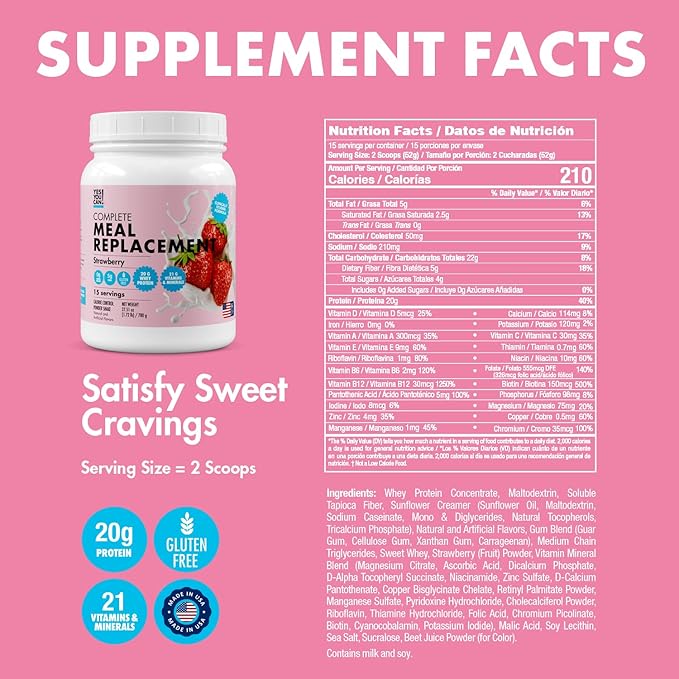 Yes You Can! Meal Replacement Shake - 20G Protein, 5G Fiber, 21 Vitamins & Minerals - Meal Replacement Protein Powder - Complete All-in-One Nutrition - 15 Servings (Strawberry)