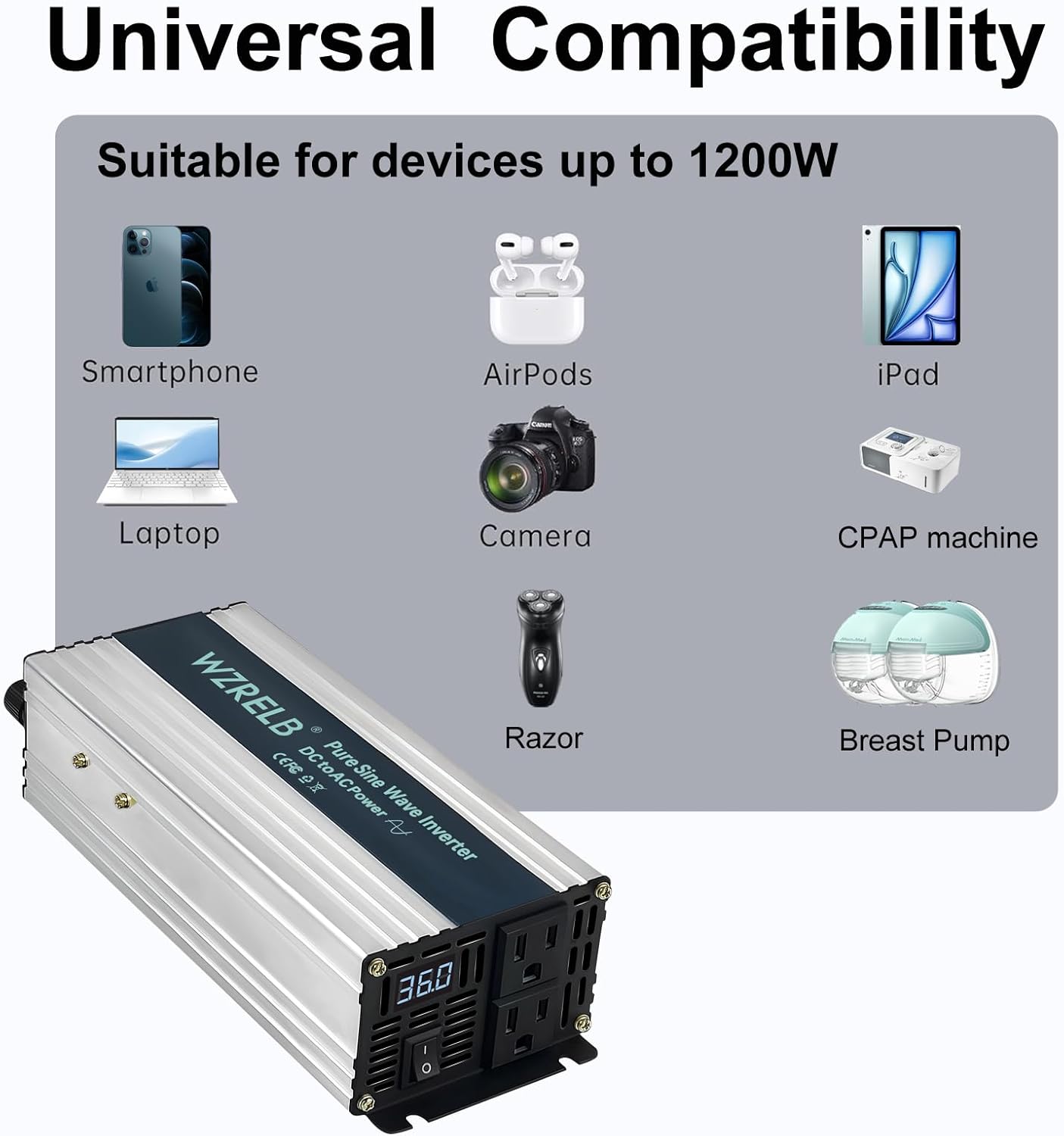 WZRELB 1200W Pure Sine Wave Inverter 36V DC to 110V 120V AC Power Converter with LED Display, Off-Grid Portable Power Inverter with 2 AC Outlets for Home, RV, Truck, Camping