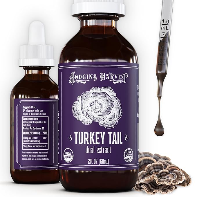 Hodgins Harvest Organic Turkey Tail Tincture | Made with Mushrooms Grown On Our Farm in The USA | Dual Extract | Extra-Concentrated (2 fl oz)