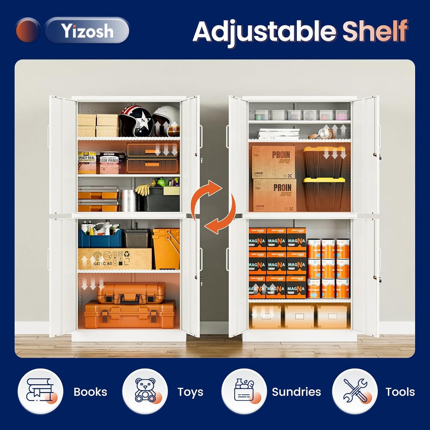 Yizosh Metal Storage Locking Cabinet with 4 Doors and 2 Adjustable Shelves,71" Lockable Garage Tall Steel Cabinet,for Home Office,Living Room,Pantry,Gym,Commercial Storage (White)