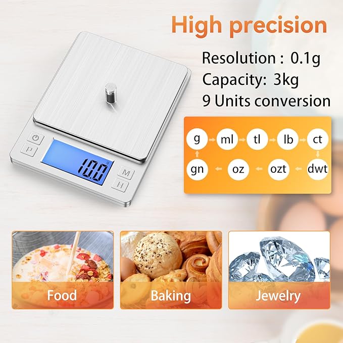 BOMATA Upgraded Small Food Scale, 0.1 g/0.001 oz High Precision, 3000 g/6.6 lb, with New Hold Function and Larger Display, USB Rechargeable, Digital Kitchen Scale for Small Item, Jewelry. Sliver