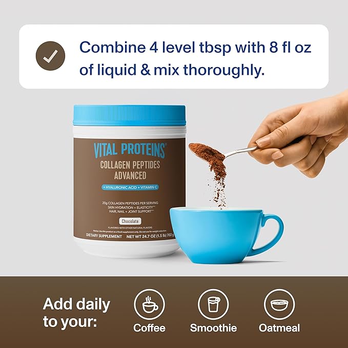 Vital Proteins Collagen Peptides Advanced, Hydrolyzed Peptides with Hyaluronic Acid and Vitamin C - Chocolate Flavor Powder, 24.7oz