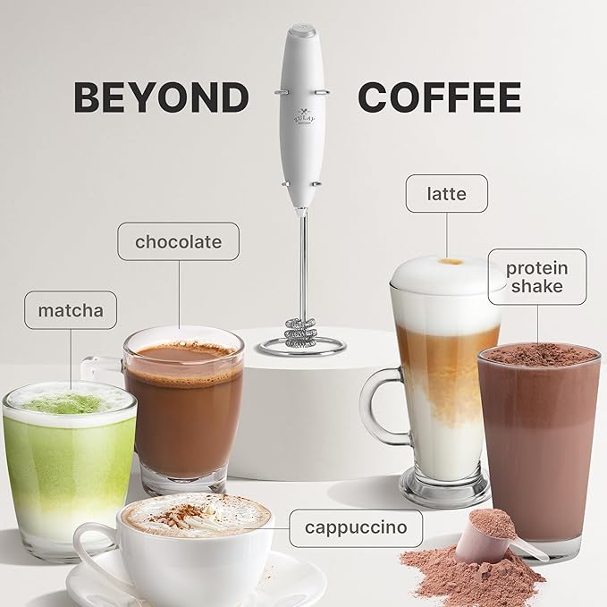 Zulay Kitchen Tornado Milk Frother Handheld Wand – Electric Coffee Frother with Triple Whisk & Stand – Hand Held Drink Mixer for Latte, Cappuccino, Matcha, Hot Chocolate, Protein Shakes – White