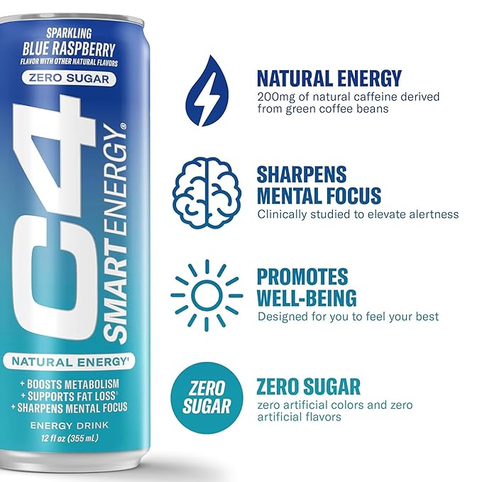 Cellucor C4 Smart Energy Drink ‚ Boost Focus and Energy with Zero Sugar, Natural Energy, and Nootropics - 200mg Caffeine - Blue Raspberry (12oz Pack of 12)