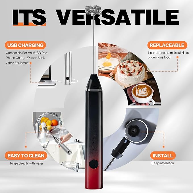 Milk Frother Rechargeable Handheld Electric Whisk Coffee Frother Mixer with 3 Stainless whisks 3 Speed Adjustable Foam Maker Blender for Coffee Matcha Latte Cappuccino Hot Chocolate(Black Red)
