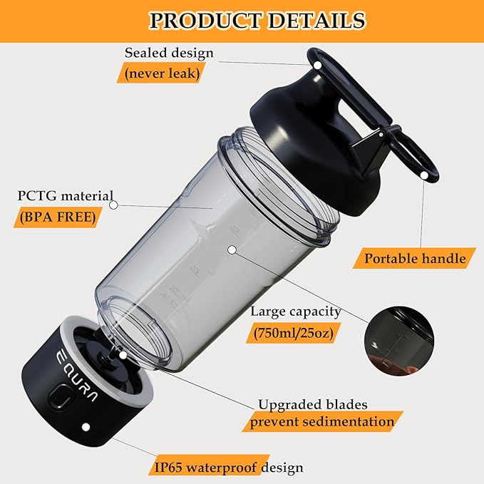 JOTER & LIBEAR Electric Shaker Bottle, Portable USB Rechargeable Protein Shake Mixer, Shaker Bottles for Protein Mixes and Meal Replacement Shakes, BPA Free, Waterproof, 25 oz (Black)