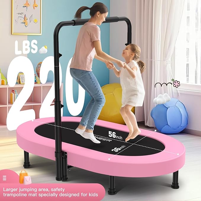 ANCHEER 56" Double Mini Trampoline for Kids, Mini Rebounder with 5-Level Adjustable Handle, Parent-Child Trampoline for Kids, Max Load 220lbs, Fun for Indoor/Outdoor
