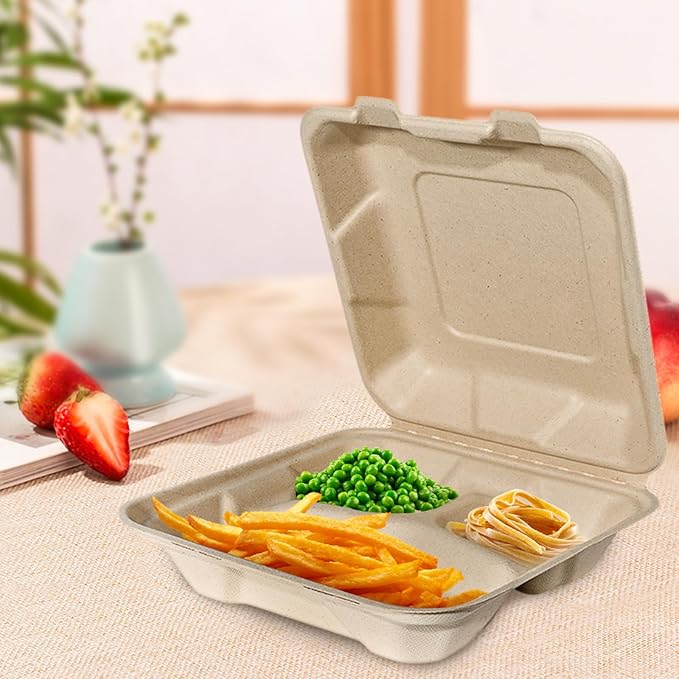 Aricsen Compostable 50 Pack 8x8 Inch 3 Compartment Takeout Lunch Box Containers with Lid, To Go Take Out Clamshell for Food, Disposable Eco-Friendly Biodegradable Bagasse, PFAS-Free, Unbleached Brown
