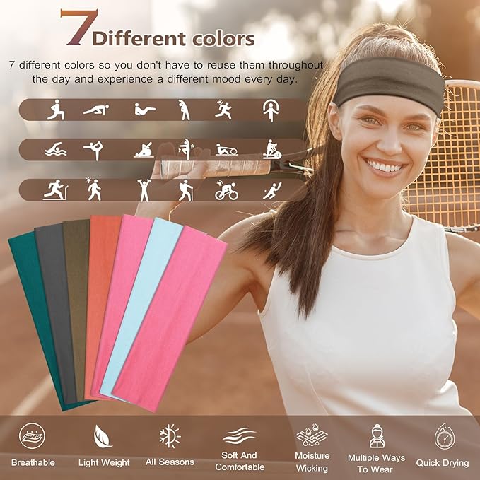 Headbands for Women Non Slip - 7PCS Fashion Sports Hair Bands for Women's Hair, Soft Cotton Cloth Stretchy Headbands for Women for Workout Yoga Running