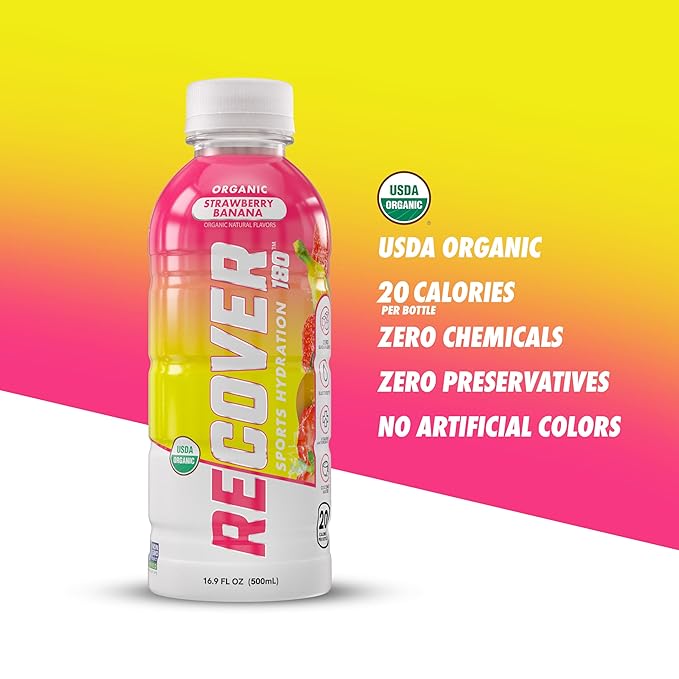 RECOVER 180 Organic Sports Hydration Drink, No Sugar Added, 20 Calorie Sports Beverage, Organic Flavors With Vitamins, Potassium-Packed Electrolytes (16.9 Fl Oz (Pack of 12), Strawberry Banana)