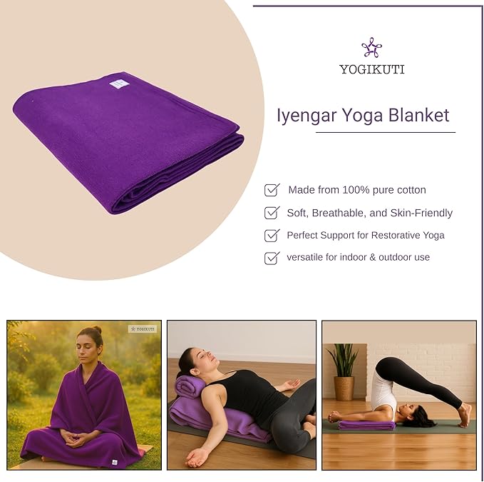 Yogikuti Iyengar Cotton Yoga Blanket Set of One – Thick Handwoven Yoga Blankets for Restorative Yoga, Meditation & Pranayama – Premium Cotton Yoga Blanket for Support & Comfort in Pranayama (Purple)