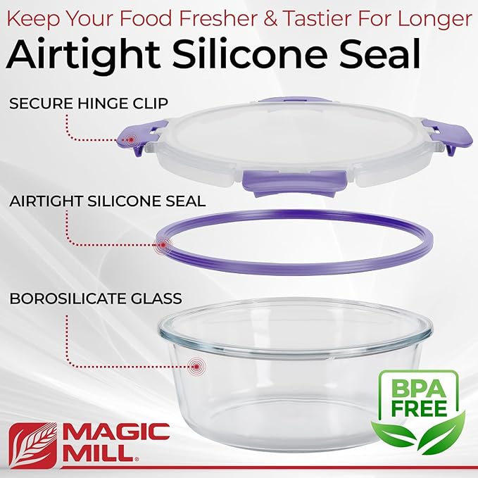 Magic Mill Glass Storage Containers with lids Set | Ultimate 24pc Sets with 12 Food Storage Containers & 12 Airtight Locking Lids for Lunch, Meal Prep, Fridge, Freezer, and Dishwasher Safe, BPA-Free