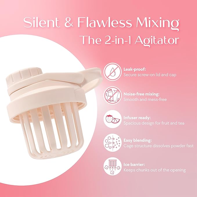 Paradise Shaker Bottle, 24 oz, Insulated Stainless Steel Protein Shaker, Smoothie and Pre Workout for Women, with Leakproof Twist-Off Chug Cap, Quiet Mixing, Creamy Pink, Malibu Sands