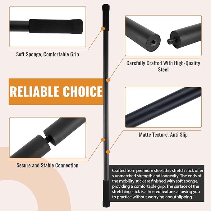 Yoga Stick 5ft Mobility Stick, Sturdy Steel Exercise Bar Adjustable Stretching Stick for Mobility, Training, Flexibility and Balance, Versatile Stretch Bar with 4 Steel Rods & Foam Handles