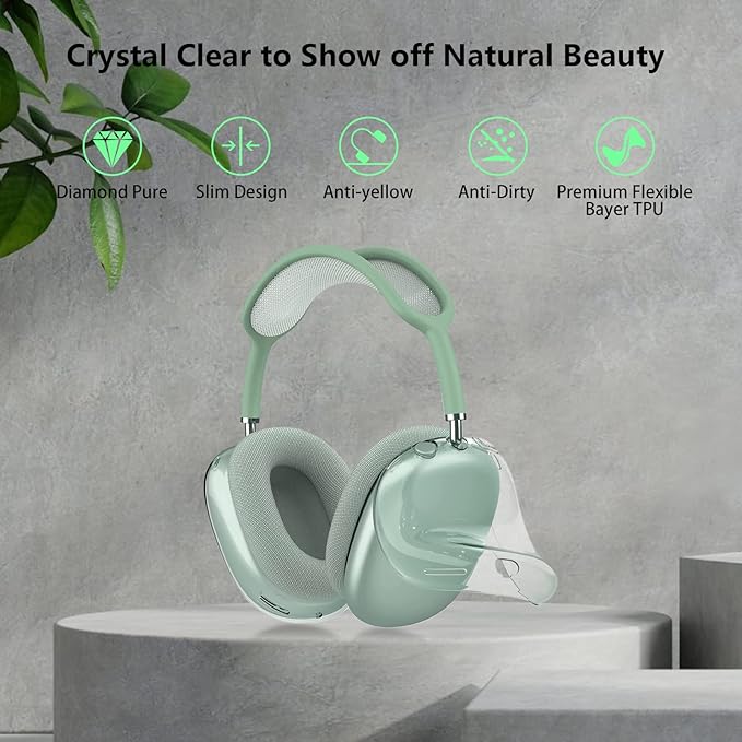 for AirPods Max Case Clear,Shockproof Clear Case for Airpods Max Case Cover,Anti-Scratch Soft TPU Protective Case No Yellowing Transparent Accessories for Apple AirPods Max Headphone-Green