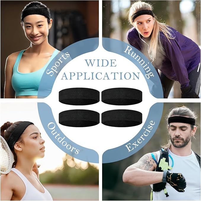 4 Pack Headbands for Men, Sweat Bands Headbands Men & Women, Cotton Terry Sweat Bands for Tennis, Basketball, Running, Gym, Working Out