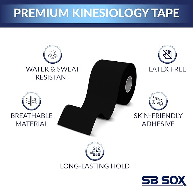 SB SOX Original Cotton Kinesiology Tape Roll – Best Latex Free Athletic Tape for Muscles/Joints – Waterproof, Stretchy, and Gentle on Skin (16ft)
