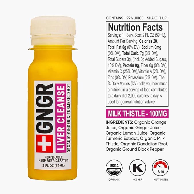 '+GNGR Liver Cleanse Shot, Cold-Pressed Ginger Shot with Milk Thistle, Dandelion Root, Turmeric Root, Immunity Shot for all natural Liver Support, Detox, Immunity, Digestion, Cleanse (2 Oz, Pack of 12)