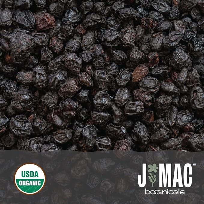J Mac Botanicals Certified USDA - 100% Organic Dried Elderberries - 1lb Bulk - Non-Irradiated, Non-GMO, Whole Black Elderberry Immune Support - Raw Vegan Sambucus 1 Pound