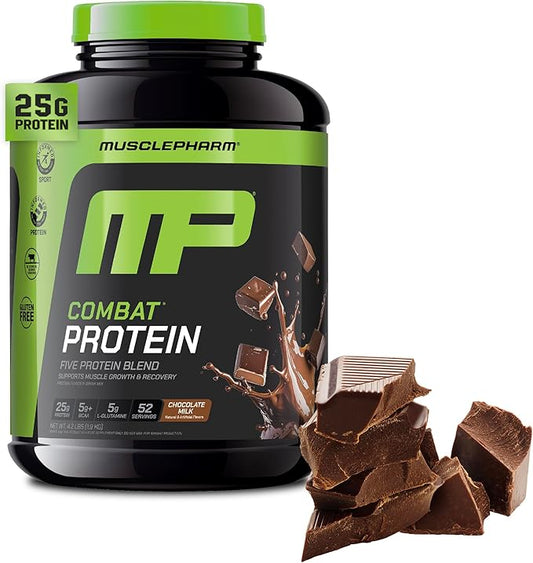 MusclePharm Combat Protein Powder, Chocolate Milk Flavor, Fuels Muscles for Productive Workouts, 5 Protein Sources including Whey Protein Isolate & Egg Albumin, Gluten Free, 4.2 lb, 52 Servings