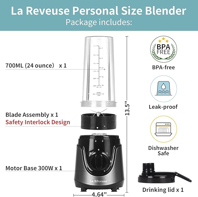 La Reveuse Personal Size Smoothies Blender 300 Watts with 24 oz BPA-Free Portable Travel Sports Bottle (Grey)