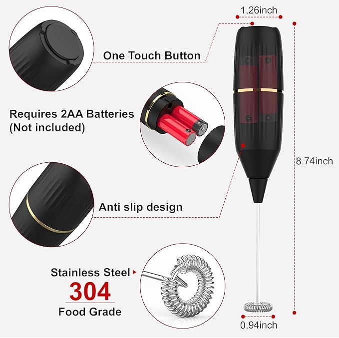 Handheld Milk Frother 14,000 RPM Drink Mixer Wand with Stand & Stirring Spoon Quiet One-Button Operation, Non-Slip Handle, Detachable Whisk Head for Coffee, Lattes, Cappuccinos, Matcha (Black)