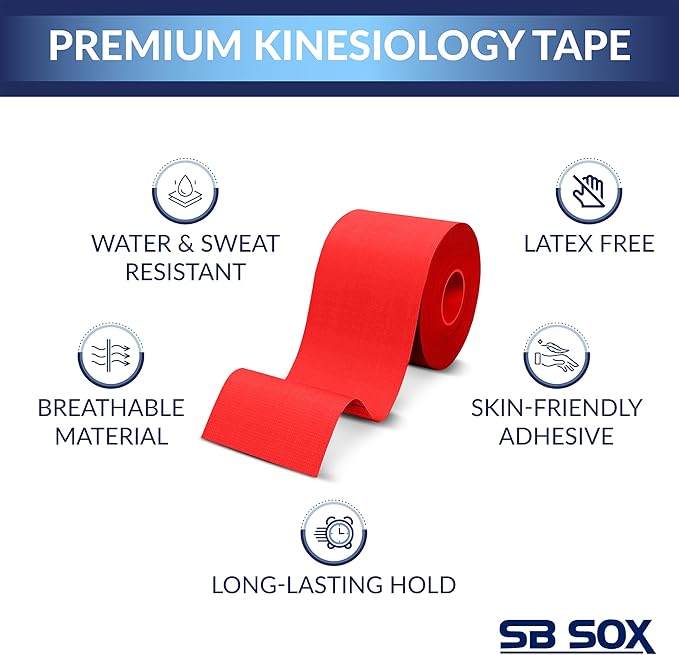 SB SOX Original Cotton Kinesiology Tape Roll – Best Latex Free Athletic Tape for Muscles/Joints – Waterproof, Stretchy, and Gentle on Skin (16ft)
