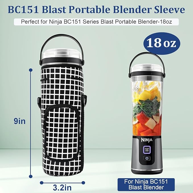 Storage Sleeve Bag for Ninja Blast Portable Blender with Shoulder Strap and Pocket Compatible with Ninja BC151NV/BC51NV/BC151BK/BC151CR/BC151EM/BC151PR/BC151WH Blast Portable Blender (black checkered)