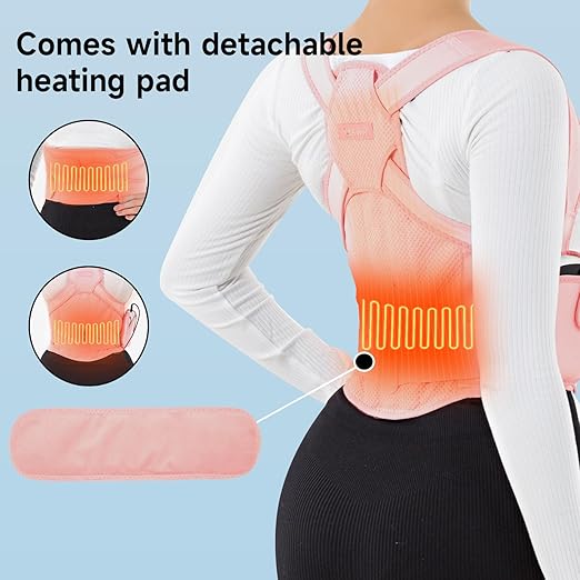 Back Brace for Posture Corrector for Women and Men with Heating Pad, Adjustable Full Back Support Brace, Back Heating Pad for Pain Relief -Hunchback, Spine Corrector (Pink, Large)