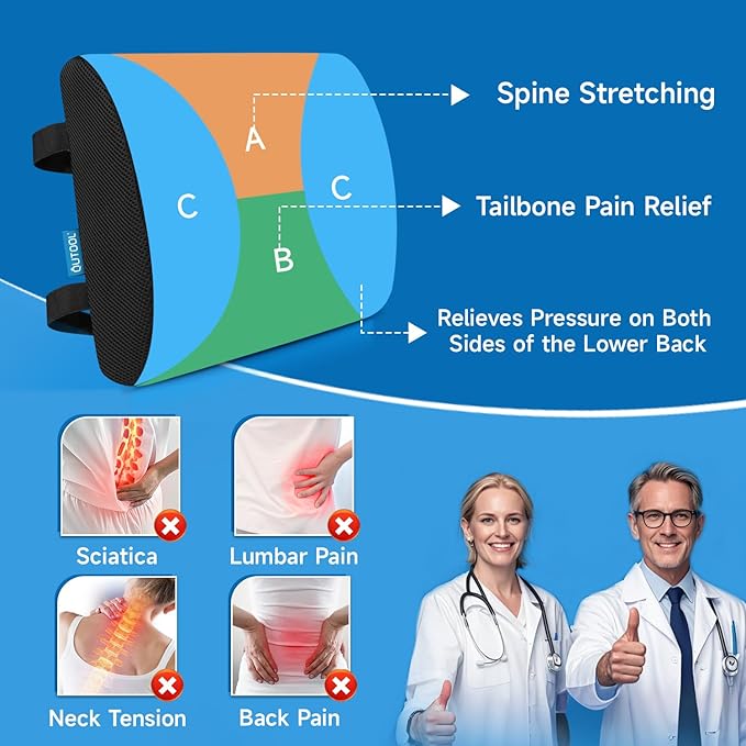 Lumbar Support Pillow for Office Chair, Memory Foam Office Chair Back Support,Lower Back Pillow for Car Seat, Back Pain Relief, Back Pillow for Chair with Adjustable Strap and Mesh Washable Cover