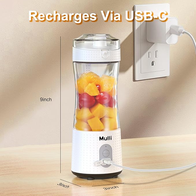 Mulli Pro-Grade Personal Blender 18K RPM - USB-C Rechargeable Ice Crusher, Travel Blender for Gym Camping Baby Food, 13oz BPA-Free with Flip-Top Lid (FCC/CE Certified)