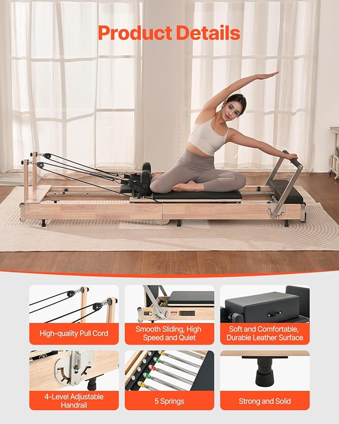VEVOR Pilates Reformer Machine, Pilates Workout Equipment for Home Gym Studio Use, Pilates Bed with Dual Resistance- Spring & Cord, Reformer Set, Up to 400 LBS