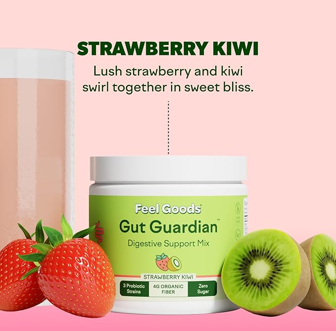 Feel Goods Gut Guardian, Organic Fiber, Probiotic & Prebiotic Powder, Sugar Free, Herbs for Bloat, Gut Health Support, Digestive Health for Men & Women, Non GMO, Vegan, Strawberry Kiwi, 30 Servings