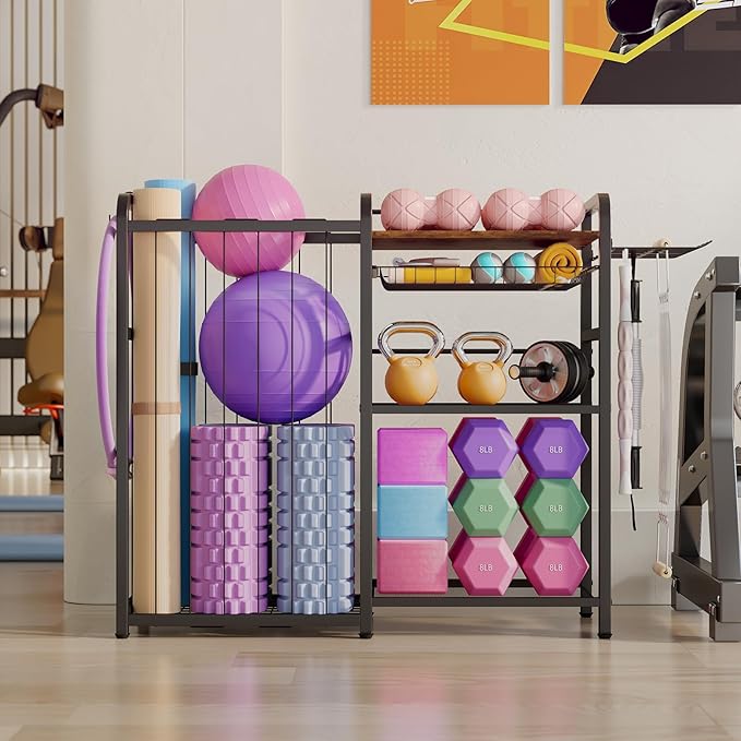 Weight Rack for Home Gym - Exercise Equipment Storage Organizer for Yoga Mat Dumbbells Kettlebells Foam Roller Yoga Strap & Resistance Bands, Ideal Yoga Mat Holder & Workout Equipment Organizer
