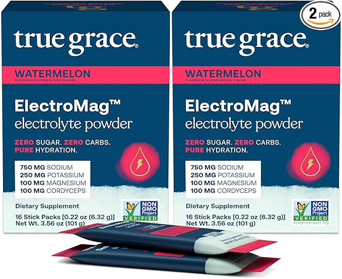 True Grace ElectroMag - 16 Stick Packs (Pack of 2) - Watermelon - Electrolyte Powder for Rapid Hydration - Sodium, Potassium, Magnesium & Cordyceps - Zero Sugar & Carbs - Non-GMO - 32 Total Servings