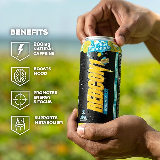 REDCON1 Energy High Performance Drink, Icy Blue Lemonade - Zero Sugar Energy Drink with Alpha GPC Nootropic - 200mg Natural Caffeine from Green Coffee Beans - Vitamin B6, B12 & B5 to Boost Mood (12 ct)