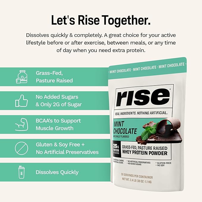 Rise Grass-Fed Whey Protein Powder - Mint Chocolate | 25g Protein No Artificial Flavors, Colors, or Preservatives - Sugar Free, Gluten-Free, Soy Free (Single Serving, 1 Pack)