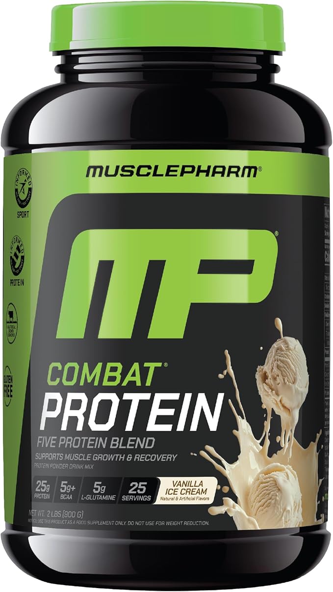 MusclePharm Combat Protein Powder, Vanilla Flavor, Fuels Muscles for Productive Workouts, 5 Protein Sources Including Whey Protein Isolate & Egg Albumin, Gluten Free, 2 lb, 25 Servings